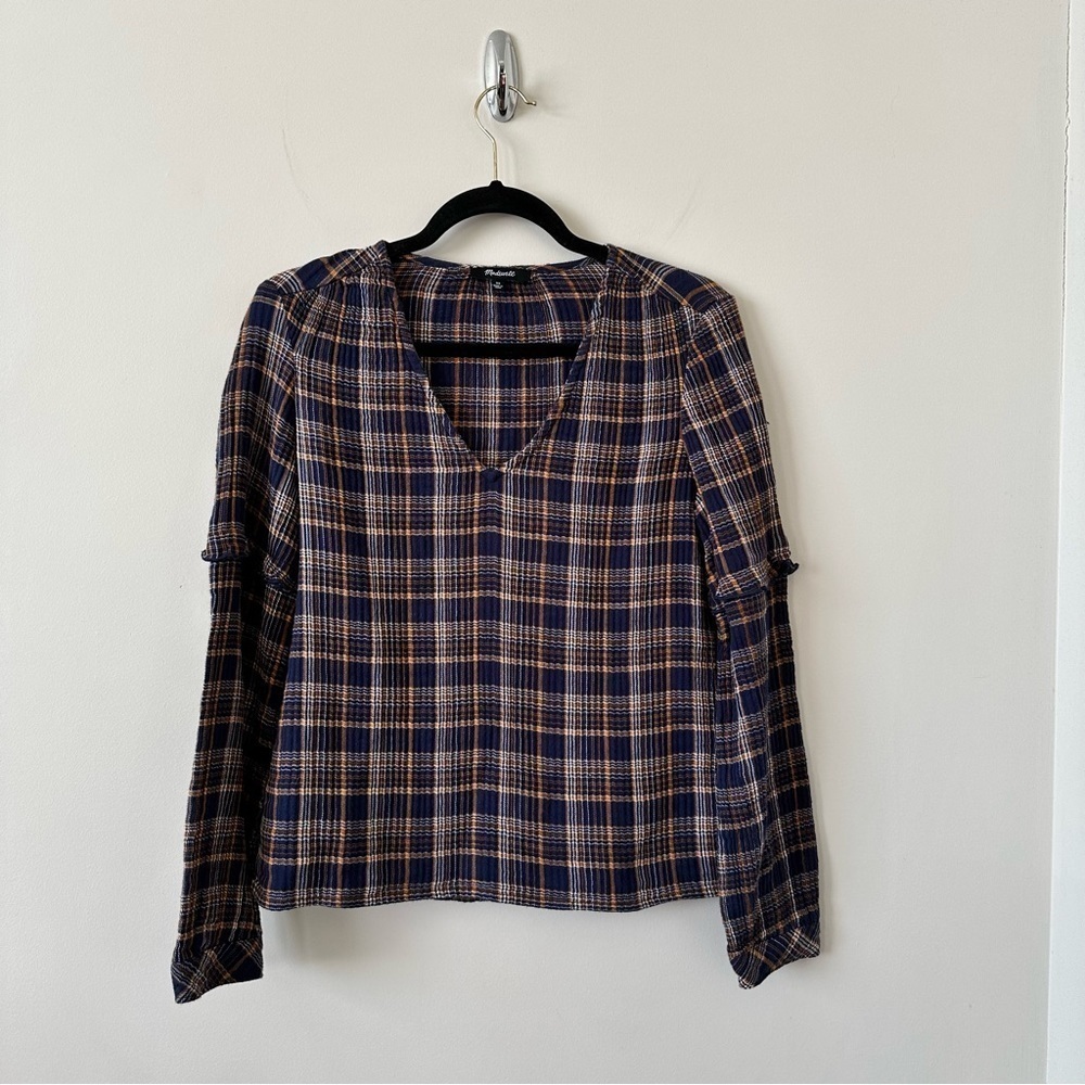 Madewell-Plaid V-Neck Ruffle Top - Picture 2 of 10